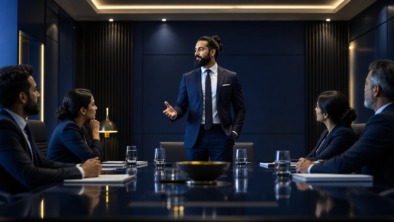 Executive communication trainer demonstrating grounded posture at the head of a modern navy and yellow boardroom