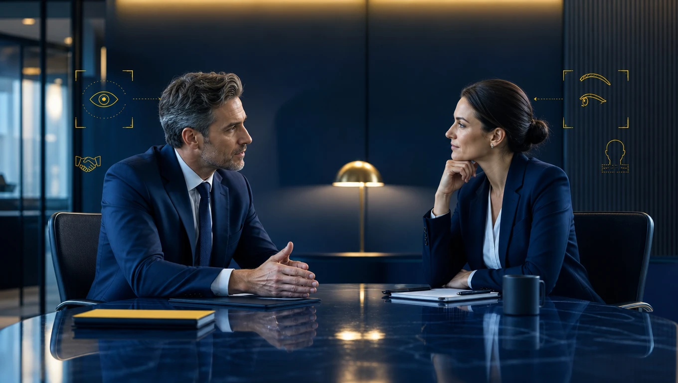 Two professionals observing subtle non-verbal signals across a navy and yellow negotiation table