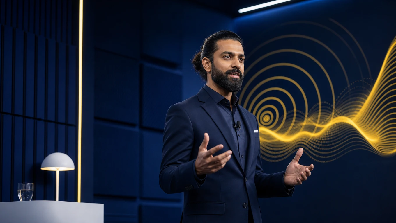 Executive communication trainer speaking beside abstract yellow vocal resonance waves in a navy studio