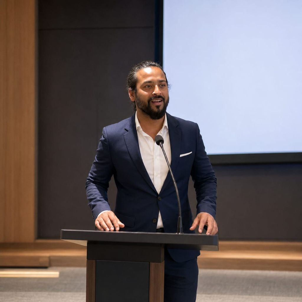 Rashed Hossain leading a LessonThrills corporate communication workshop from a podium